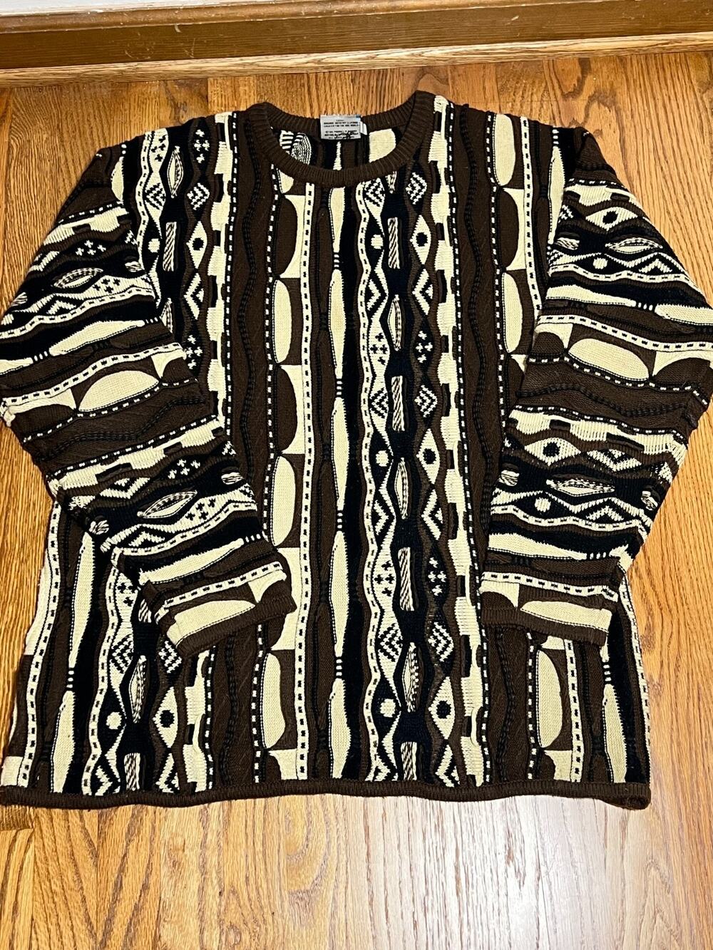 VTG Coogi Basics EUC Brown Black 3D Geometric Knit Crewneck Sweater 2X